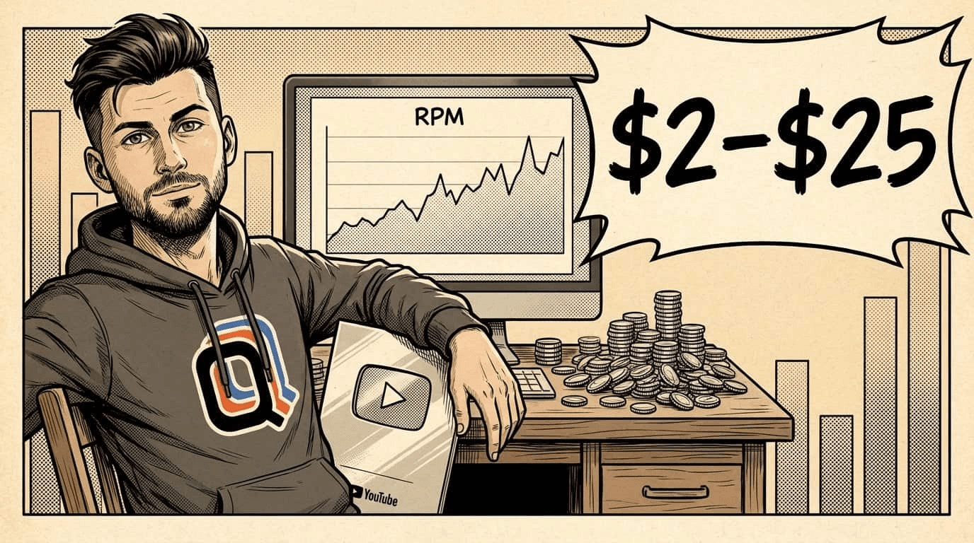 An ArticlesQ-generated article cover: a brand character in a logo hoodie at a desk, with an RPM earnings chart behind him